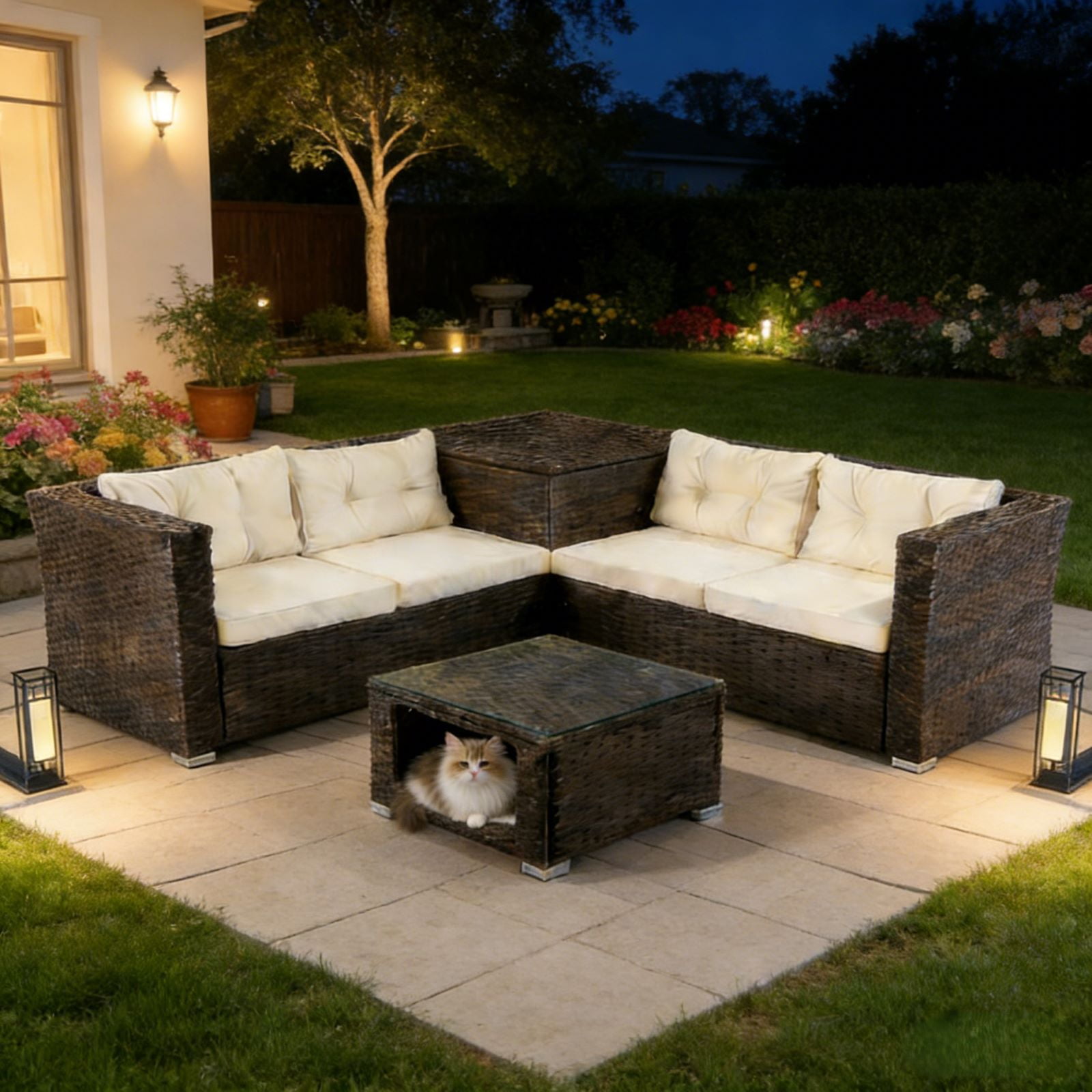 Zimtown 4-Piece Rattan Sofa Set, 2 Loveseats with Storage Ottoman & Pet-Friendly Table, Brown