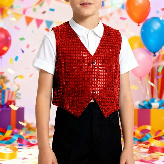 Gilet de Performance pour Adolescents, Sequins Colorés, Gilets de Danse Rouges, Gilets de Performance, Tenues de Fête à Col en V, Séance Photo, 12-13 Ans