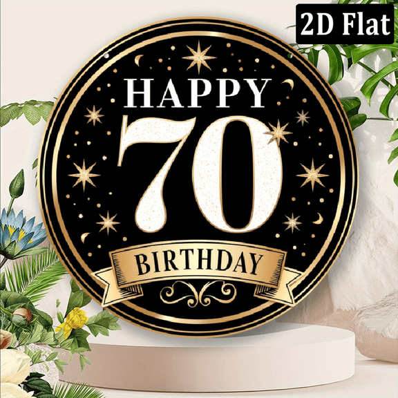 2D Flat, 70th Birthday Celebration Metal Wall Sign Retro black and Golden design with stars and swirls Durable Decor for Home, Bar, Cafe IndoorOutdoor Use Perfect Gift for Milestone Birthday 8*8in