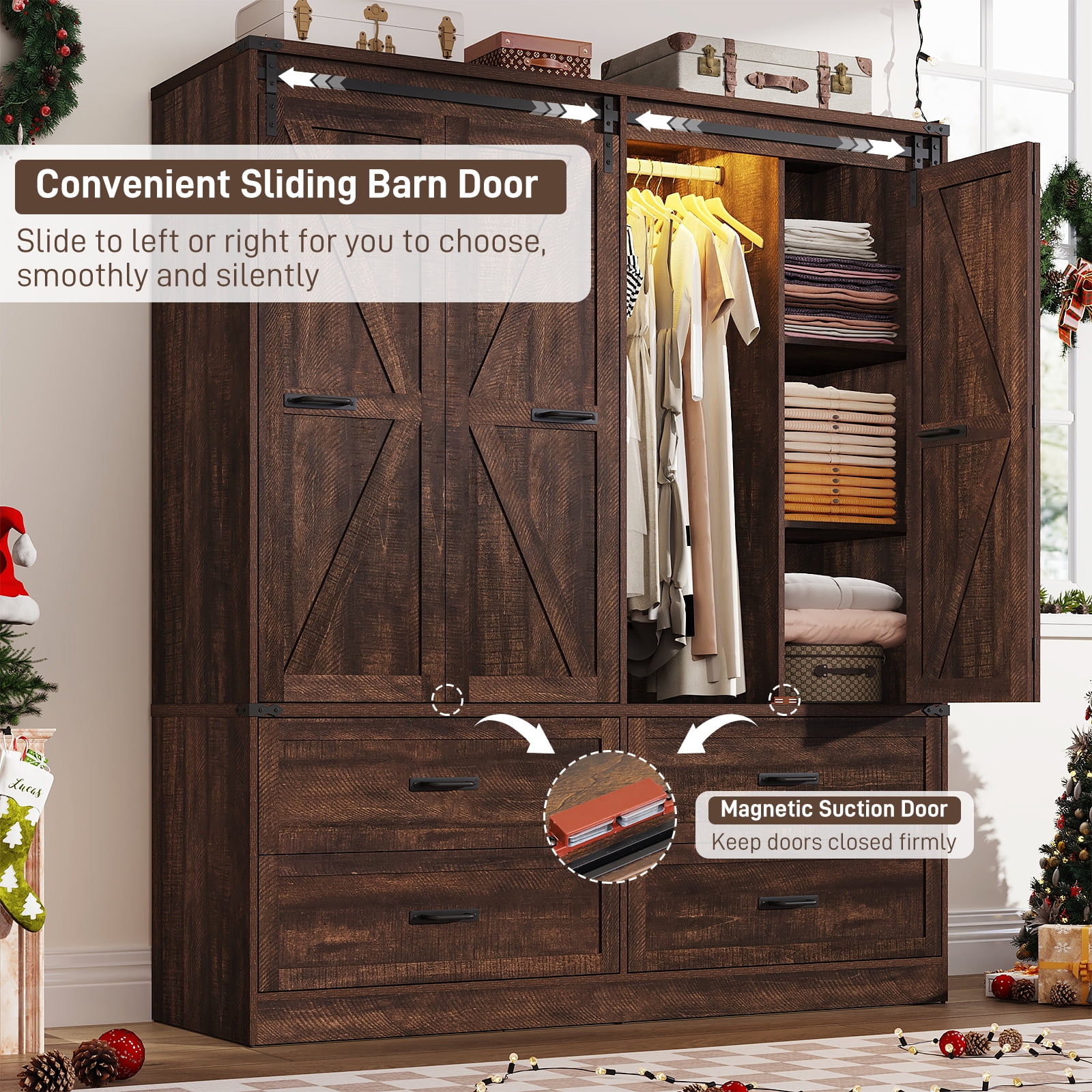 ChVans 73''H Armoire Wardrobe Closet with Sensor Light and 4 Drawers, Farmhouse Bedroom Armoire Cabinet with Hanging Rod, Wooden Wardrobe Cabinet with folding sliding barn door for Bedroom