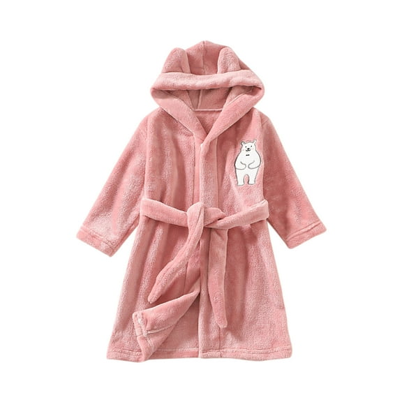 Toddler Robe Boys Girls Hooded Flannel Bathrobe Long Sleeve Soft Fleece Plush Robes Cute Animal Pajamas Sleepwear, Pink, 4 Years