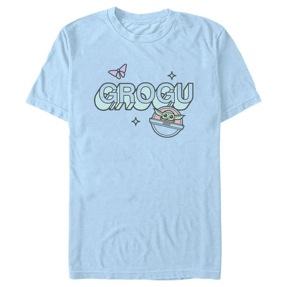 Men's Star Wars: The Mandalorian Grogu Cute Stars and Butterflies Graphic Tee Light Blue 3X Large
