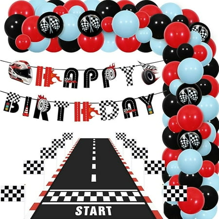 Race Car Birthday Party Decoration, Racing Car Happy Birthday Banner Balloon Garland Checked Flags Cake Topper Foil Balloon Racetrack Floor Running Mat for Boy Girl Racing Car Theme Party