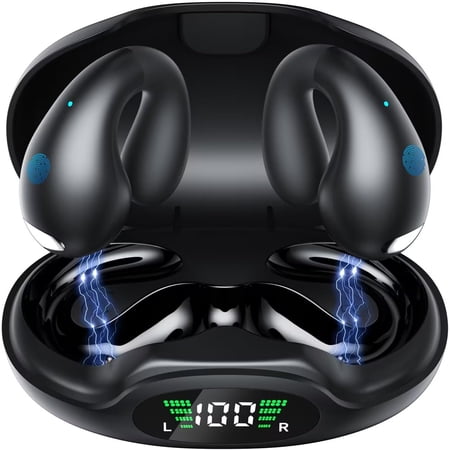 Wireless Earbuds Open Ear Headphones Clip On Earbuds Bluetooth 5.3 Headphones Long Playtime Ear Buds Digital Display Charging Case Noise Canceling Waterproof Sports Earphones