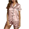 thumbnail image 3 of Weiqiqre Summer Two Piece Sets for Women Silk Satin Pajama Sets Soft Short Sleeve Button Down Sleepwear Top and Shorts 2 Piece Pjs Lounge Set, 3 of 6