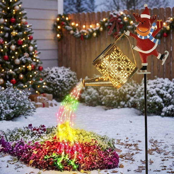 Christmas Solar Reindeer Watering Can Light, Colorful Cascading Garden Stake Lantern with Iron Vintage Design, Solar Waterproof Holiday Yard Light for Lawn, Pathway, Flower Bed, Patio and Porch
