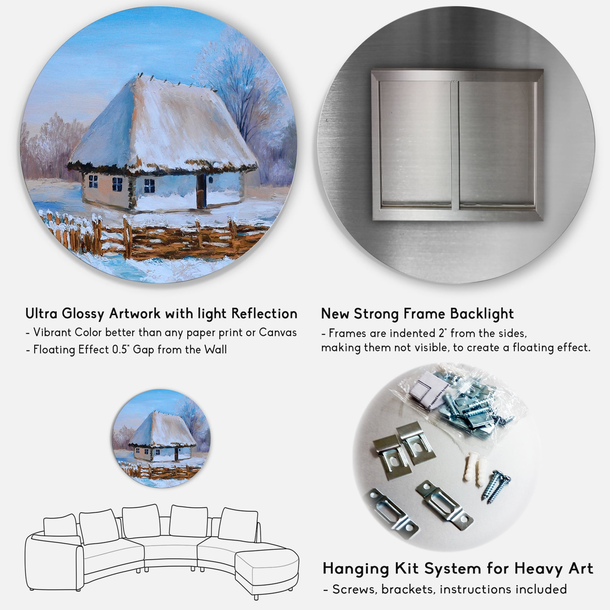 Designart 'Traditional Cottage Covered With Snow In Winter I' Traditional Circle Metal Wall Art 29x29 - Disc of 29