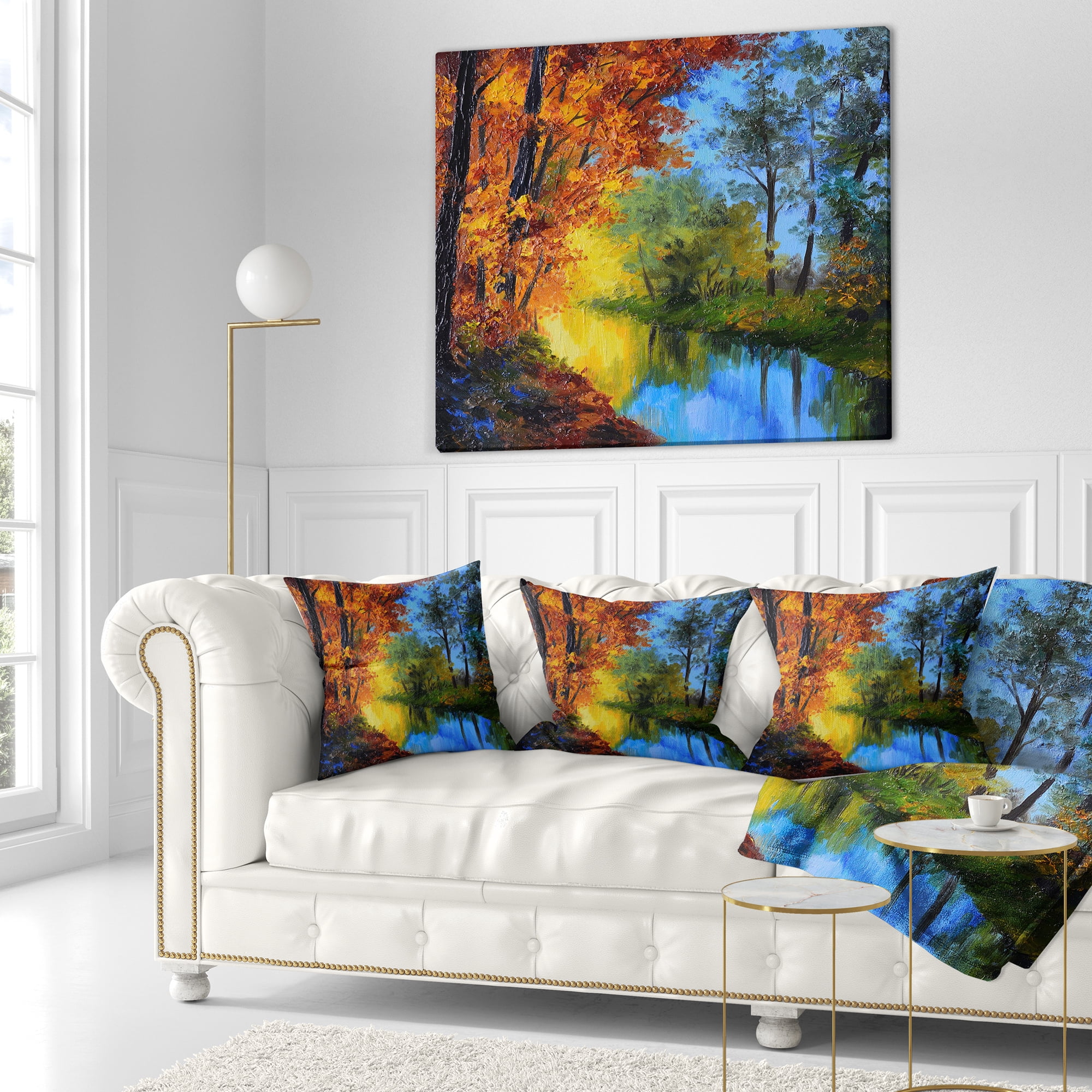 Designart Autumn Reflecting in River - Landscape Printed Throw Pillow - 16x16