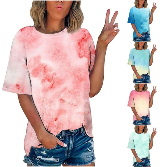 breaise Plus Size Shirts for Women Short Sleeve Tops Tie Dye Crew Neck Casual Summer Fashion Tops Loose Fit S-5XL