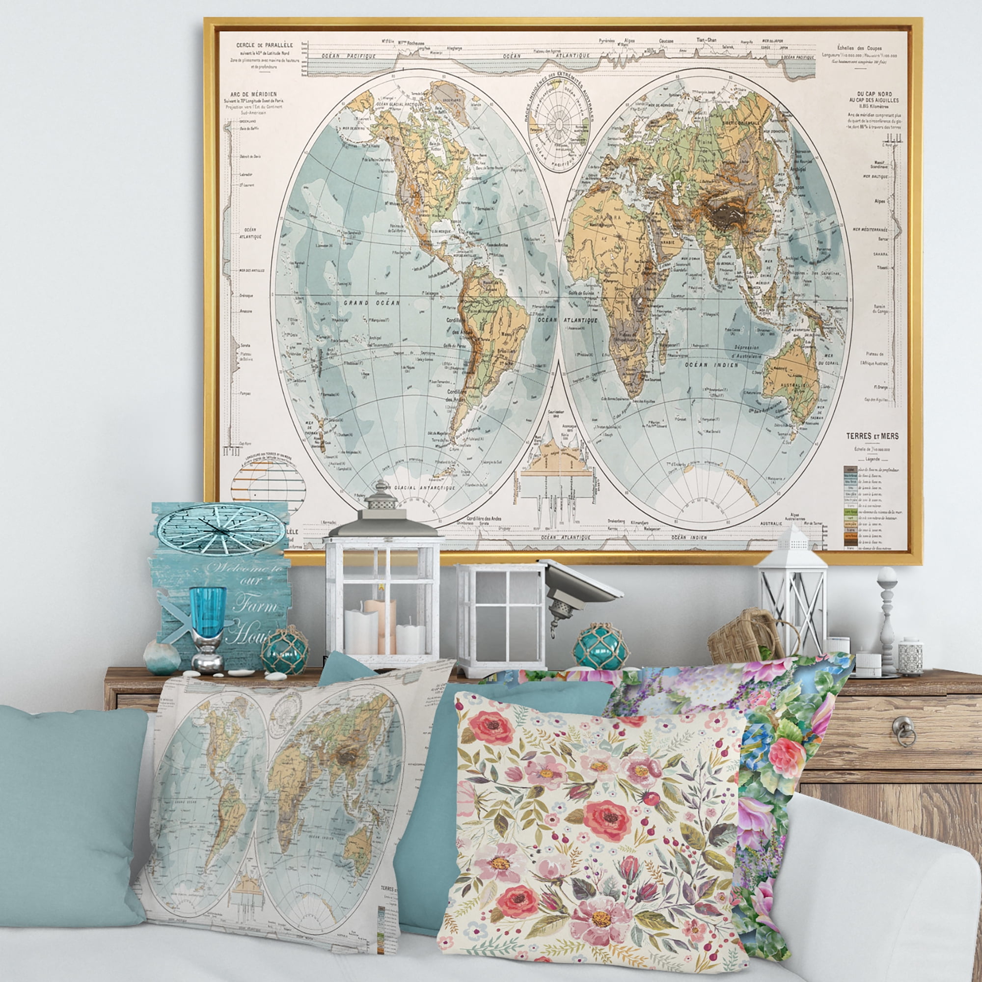 Designart 'Ancient World Map II' Rustic Framed Canvas Wall Art Print