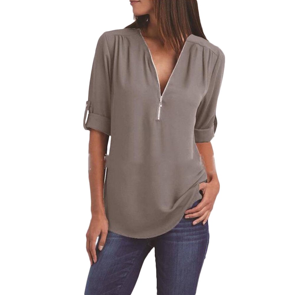 DYMADE - DYMADE Women's Zip Front V-Neck 3/4 Sleeve Tunic Casual Top ...