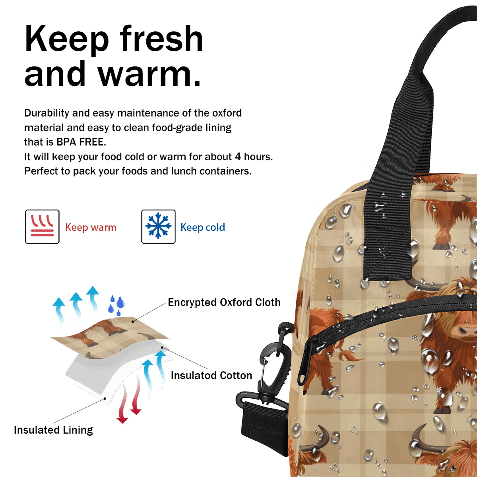 Herdesigns Western Bull Insulated Lunch Bag for Women Men Adult, Reusable Insulated Cooler Lunch Box Lunch Tote Bag for Work Picnic Beach