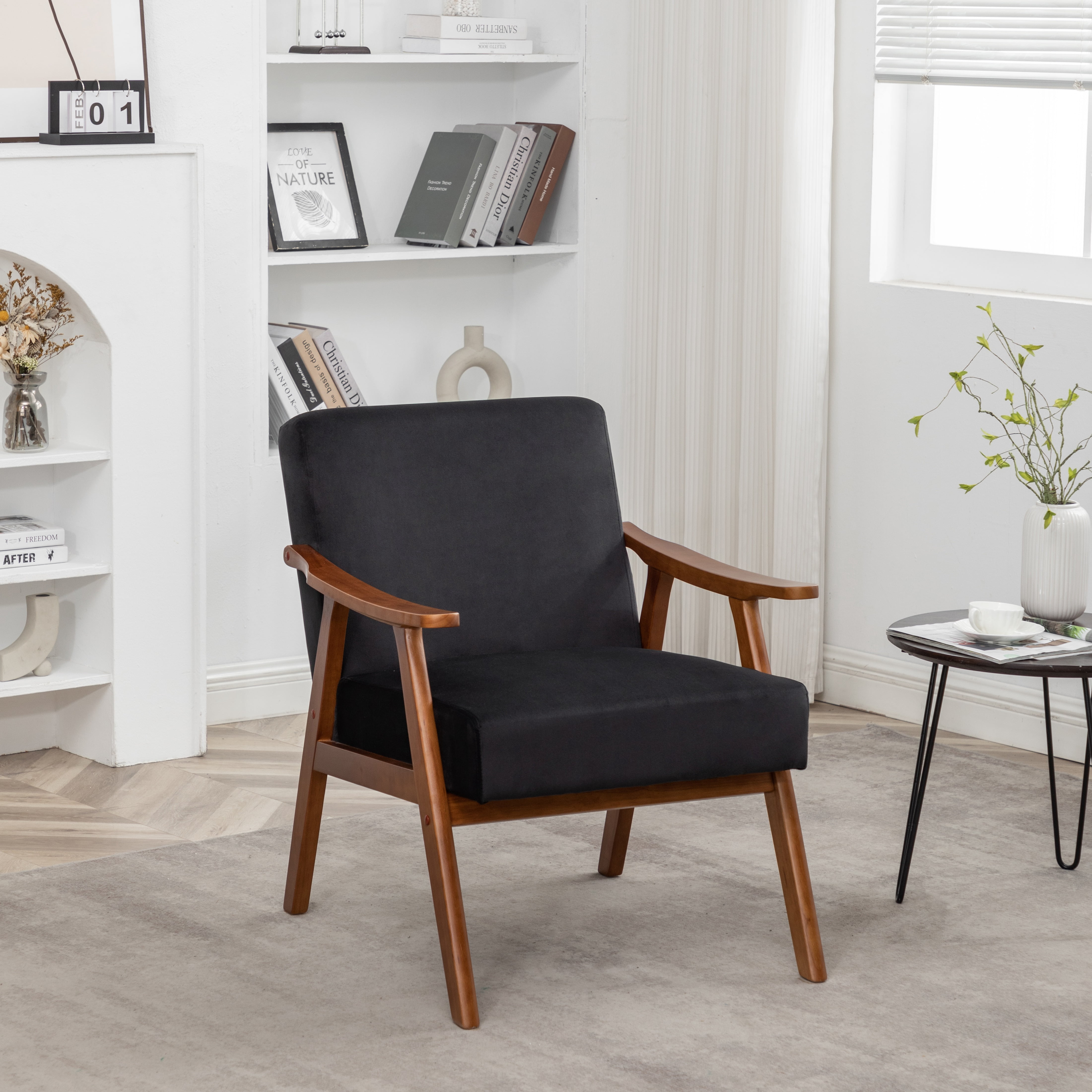 Mintazer Mid-Century Modern Velvet Leather Accent Chair, Armchair for Living Room Bedroom, Black
