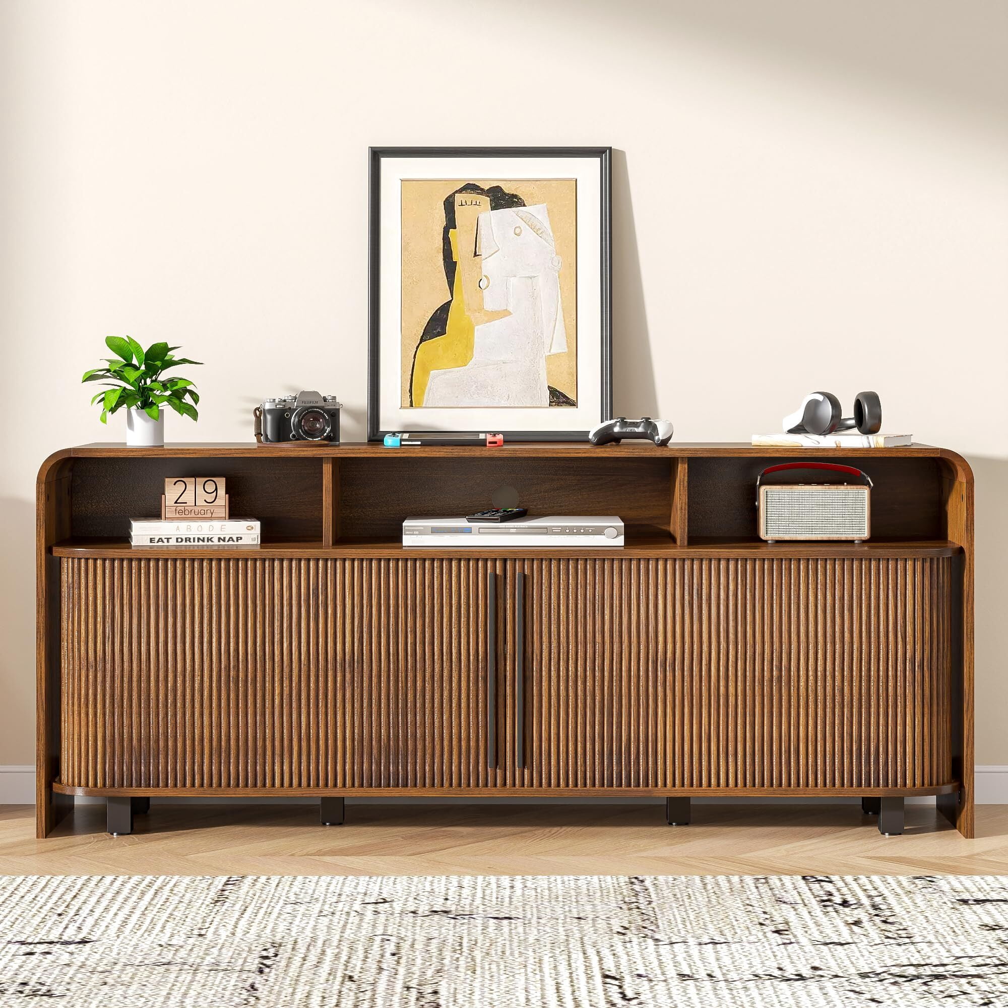 Walnut TV Stand for 65-75" TV, 63" Fluted Mid Century Modern Console with Sliding Doors, Storage, Adjustable Shelves