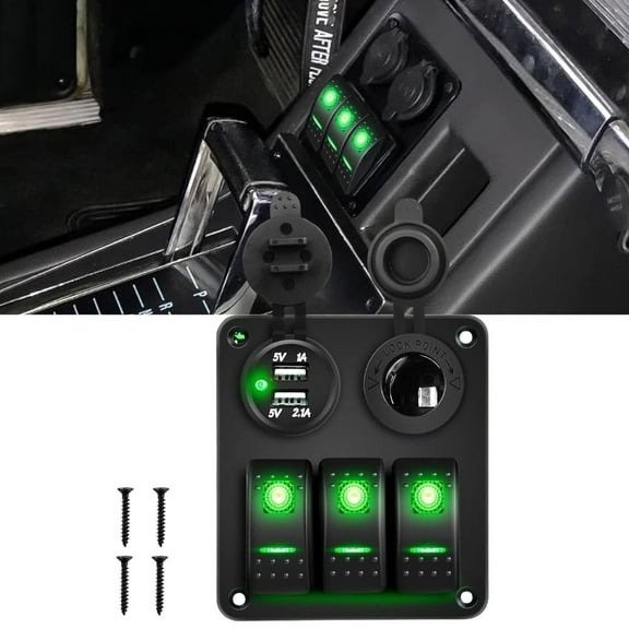 Waywe 3 Gang Rocker Switch Panel with USB Charger and Cigar Lighter 12V 24V Toggle Switch ON Off Rocker Switch Green for Cars Rvs Trucks