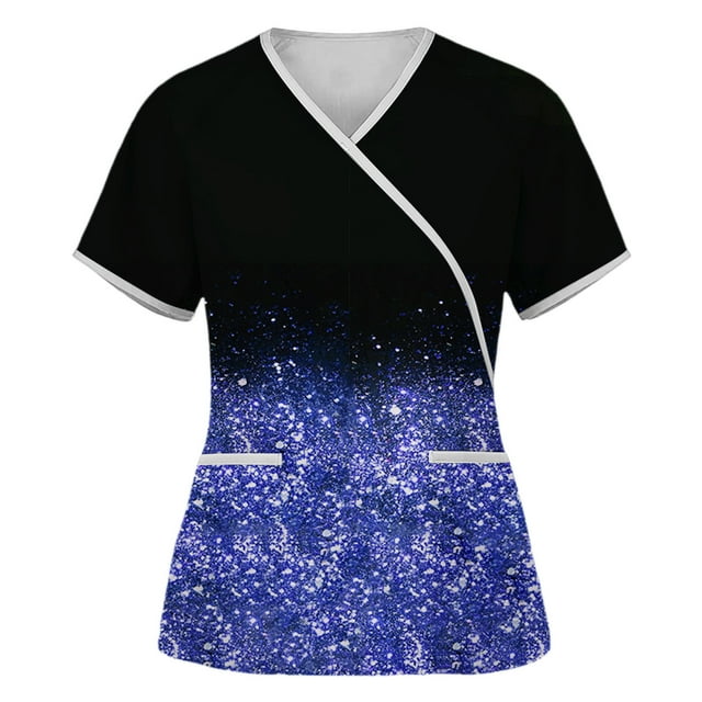 EGNMCR Blouses Médicales pour Femmes Mode Féminine Manches Courtes Col en V Tops de Bandage Uniforme de Travail Imprimé avec Poche Blouse Tops Cadeaux pour Femmes