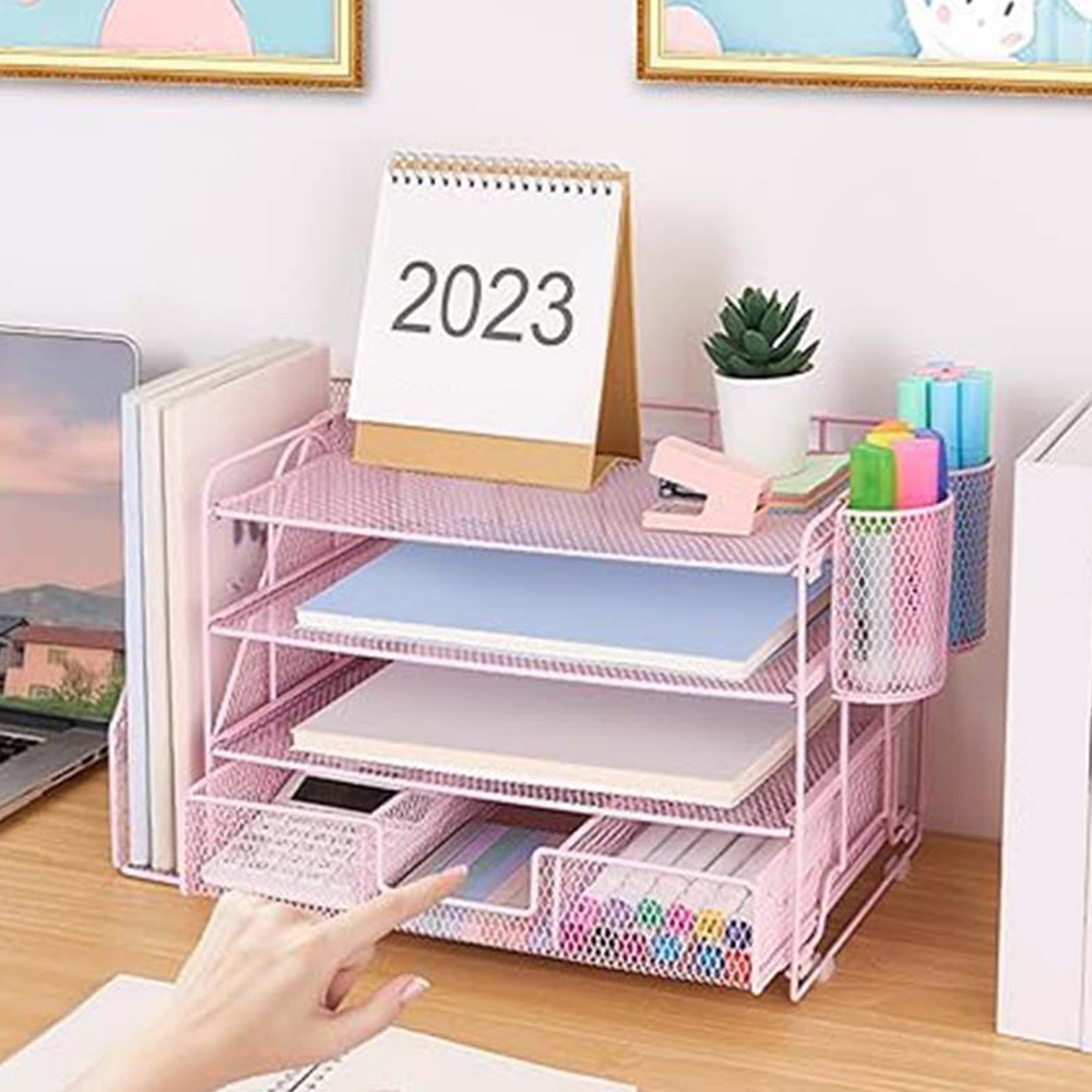 RUISINERY 4-Tiered Letter Tray Metal with Magazine Stand Drawer Pen Cups Desk Organizers and Accessories Multifunction for Office
