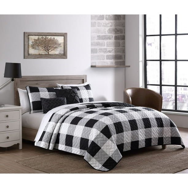 Buffalo Plaid 5pc Black and White Queen Quilt Set with Throw Pillows