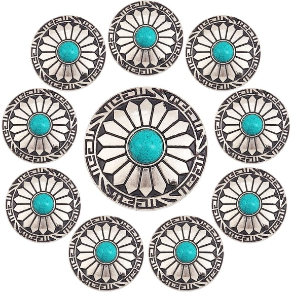 10Pcs 1-Hole Turquoise Buttons Western Conchos Screw Back Round Metal Decorative Conchos Flat Round with Sunflowers Pattern for DIY Luggage and Hardware Accessaries 1box