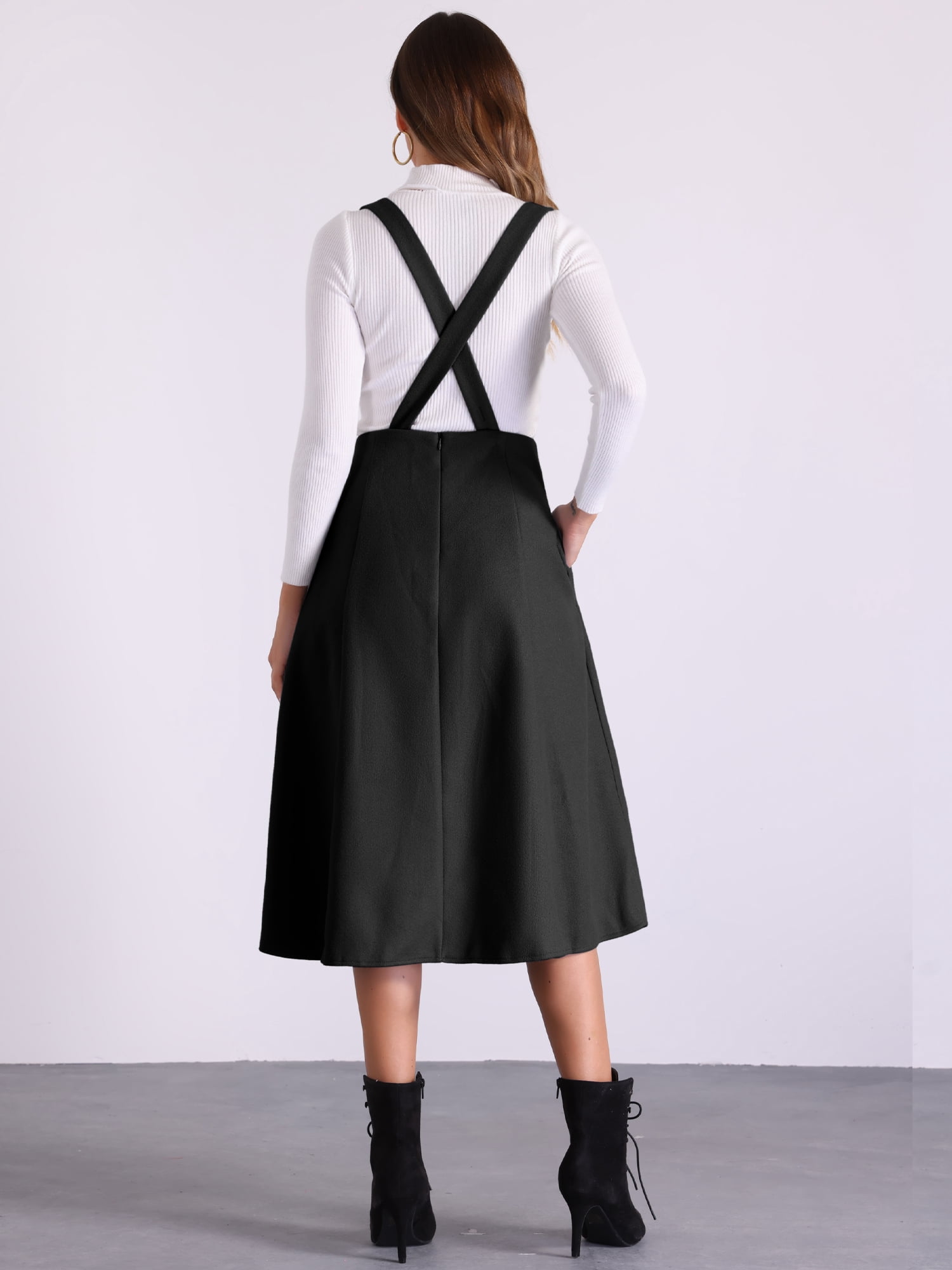 DARING DIVA Women's Cross Back A Line Elegant Overall Pinafore Dress S Black