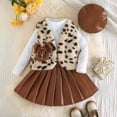 thumbnail image 2 of DHFJKG Girls 4 Piece Outfit Winter Fluffy Leopard Open Front Vest Long Sleeve Ribbed Top With Leather Skirts Beret Hat For Toddler Kid Cozy Outfit, 2 of 6