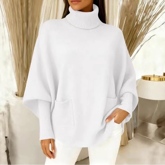 Womens Loose Turtleneck Knit Pullover Batwing Sleeve Cozy Oversized Sweater With Side Pockets S