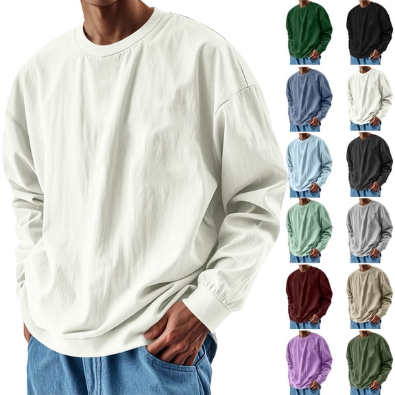 Men's Plus Size Shirt Long Sleeve Crew Neck Solid Color Big&Tall Shirts Casual Loose T-shirt Outdoor Sport Pullover Blouse Outerwear S-4XL