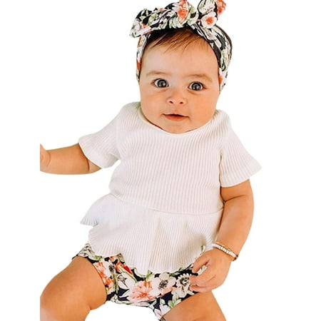 

Baby Toddler Girl Summer Outfit Ribbed T-Shirt Flower Print Shorts Headband Set