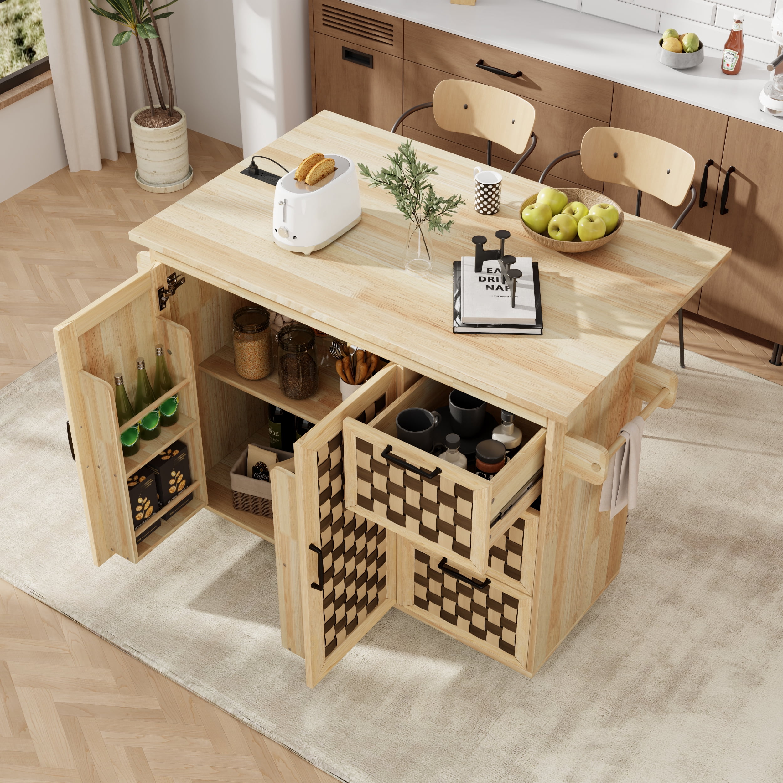 Euroco Vintage Style Kitchen Island with Drop Leaf, Storage Cabinets, Built-in Power Outlet – Mobile Kitchen Cart with Checkerboard Design, Drawers, Adjustable Shelves & Lockable Wheels – 53.2” Wide