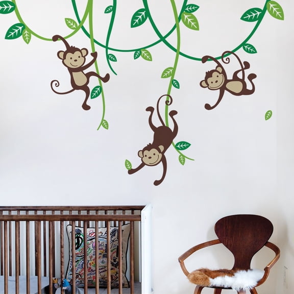 3 Monkeys Swinging From Vines Wall Decal - Scheme B