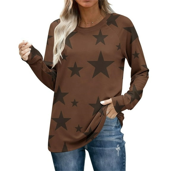 Tunics Tops for Women Long Sleeve Crewneck Star Printed Casual Pullover Sweatshirt Brown 2XL