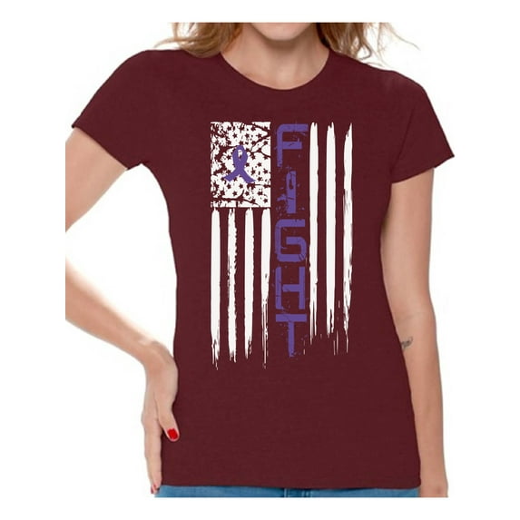 Women's Fight Cancer Graphic T-shirt Tops USA Flag Purple Ribbon for Awareness