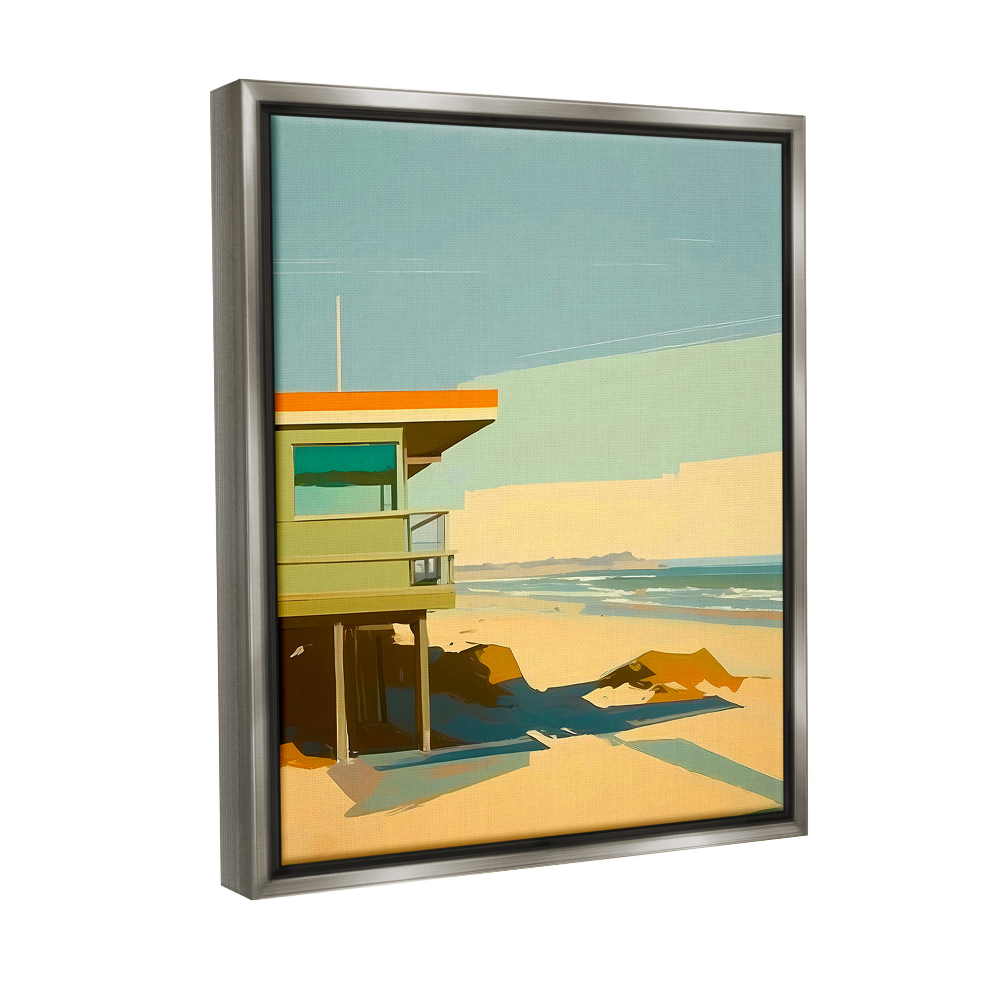 Stupell Industries Modern Sunlit Beach Hut Landscape Painting Gray Floater Framed Canvas Art Print Wall Art, 17 x 21