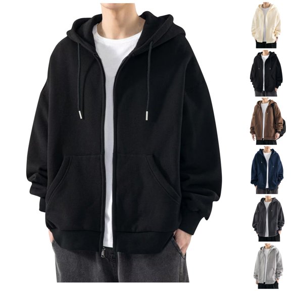 Mens Zip Up Hoodie Solid Plus Size Fall Hooded Sweatshirt Casual Drawstring Long Sleeve Basic Hoodies with Pocket