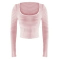 thumbnail image 7 of Women's Y2K Cropped Slim Fit U-Neck Long Sleeve Knit T-Shirt, Two Tone Striped Design Stretchy Comfortable Top for Casual Wear, Daily Outfits and Retro Fashion Style Pink M, 7 of 7