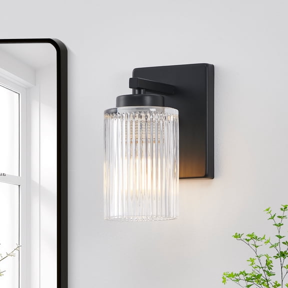 KAWOTI 1-Light Bathroom Vanity Light Matte Black Finish Wall Sconce with Flutted Glass