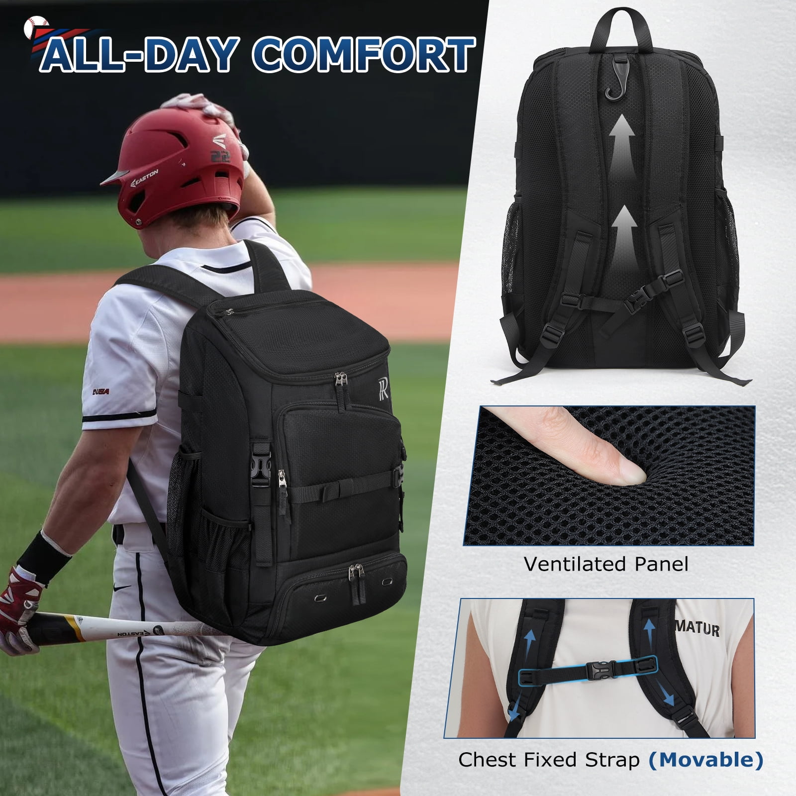 RAINSMORE Baseball Backpack 40L Large Softball Baseball Backapck with Helmet Holder, Shoe Compartment & Fence Hook, Durable Softball Gear Bag,Black
