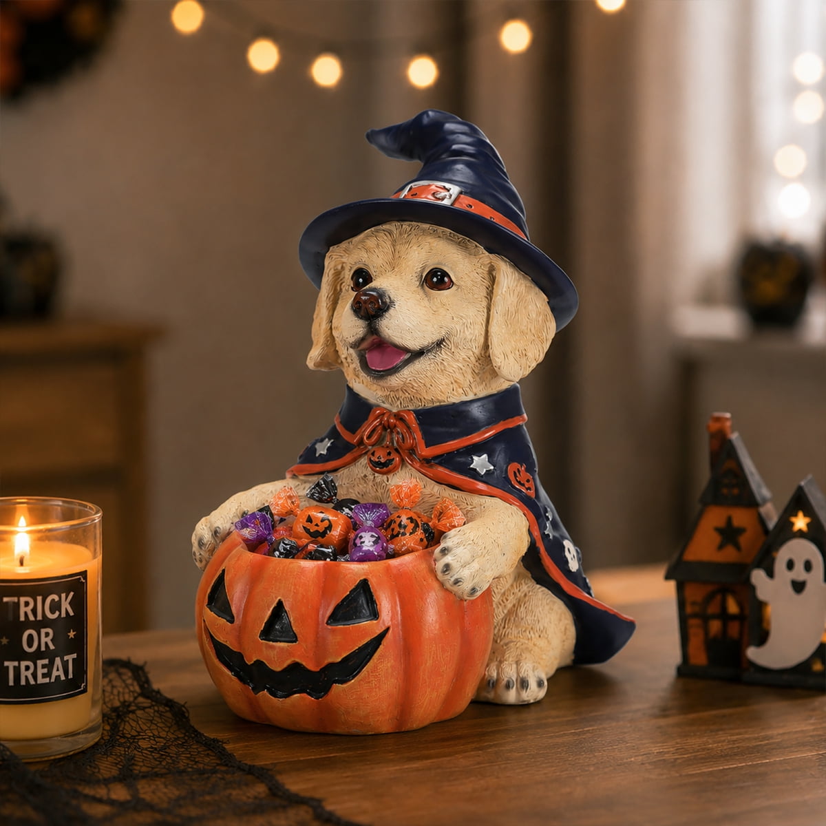 Halloween Labrador Retriever Witch Puppy Figurine Cute Dog Holding Pumpkin Candy Bowl Decoration