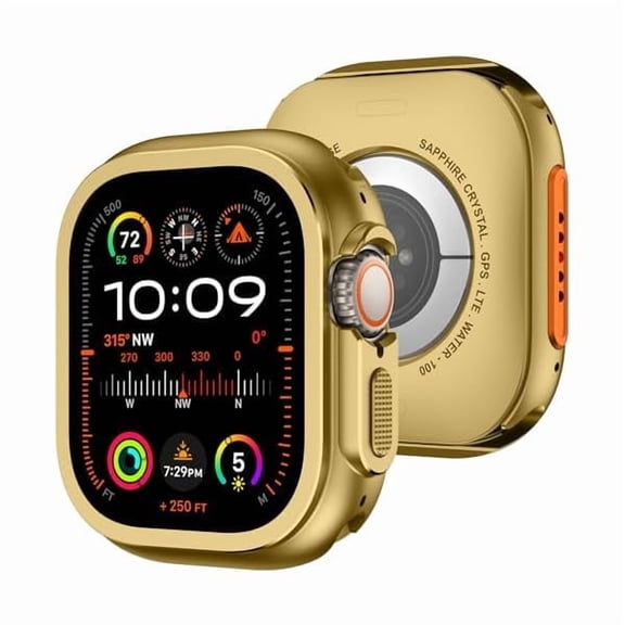 can 2 in 1 Metal Case Compatible with Apple Watch Ultra 3/2/1 49mm with Back Cover, Rugged Shockproof Protective Bumper Cover for iWatch 49mm, Gold