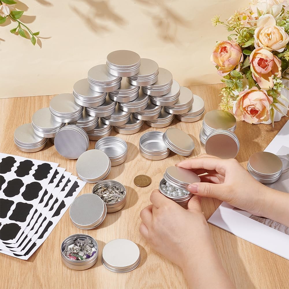 99Pcs Round Tin Cans 1 oz/30ml Aluminum Containers with Screw Lid Small Tins with 5 Sheets Paper Label Travel Cosmetic Containers