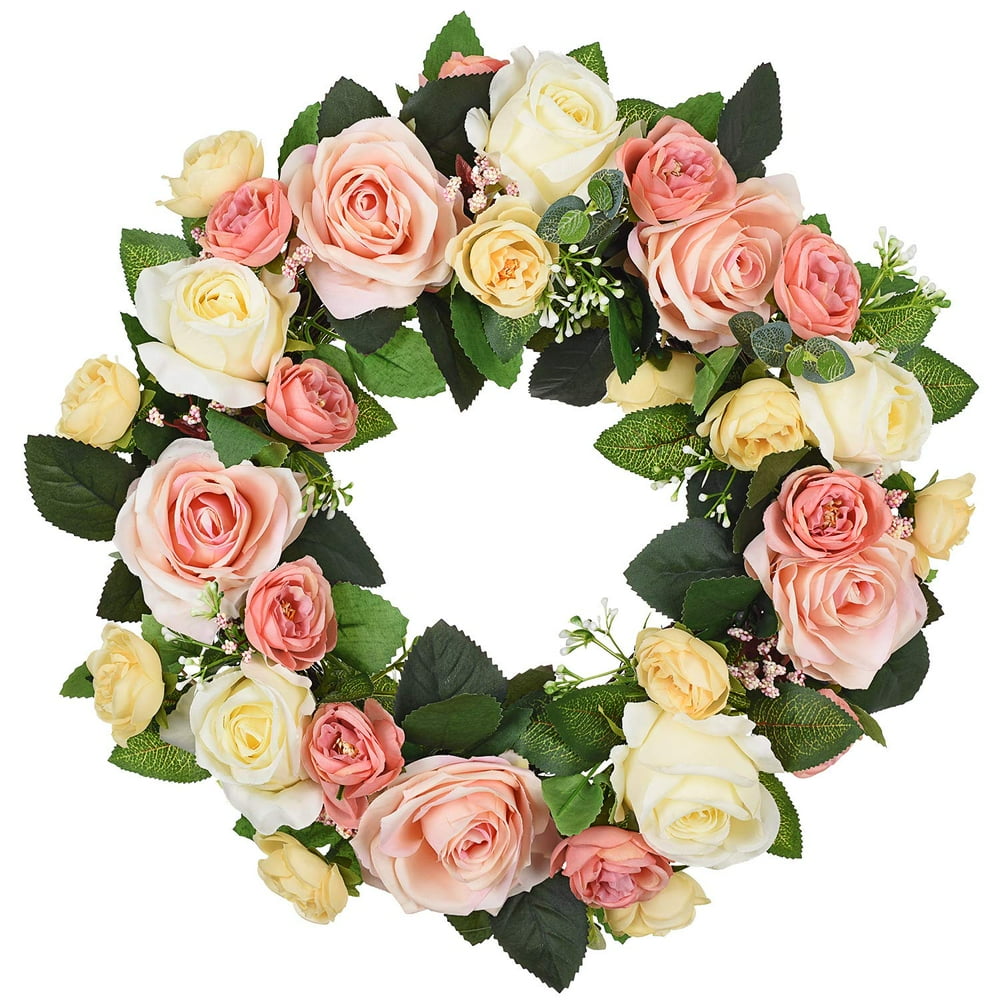 Coolmade Artificial Rose Flower Wreath 15" Fake Rose Spring Wreath