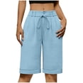 thumbnail image 2 of Women's High Waist Bermuda Shorts, Pleated Front Drawstring Casual Long Shorts with Pockets, Comfortable and Versatile for Work, Travel and Summer Wear Light Blue M, 2 of 6