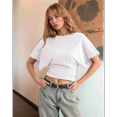thumbnail image 4 of T-shirts pour Femmes à Col Rond, Taille Resserrée, T-Shirt Décontracté à Manches Courtes, Hauts d'Entraînement, Couleur Unie, T-Shirts Basiques, Blanc G, 4 of 5