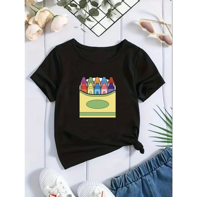 Fashionable And Cute Color-printed Short-sleeved T-shirt For Girls, Suitable For Spring, Summer, And Autumn