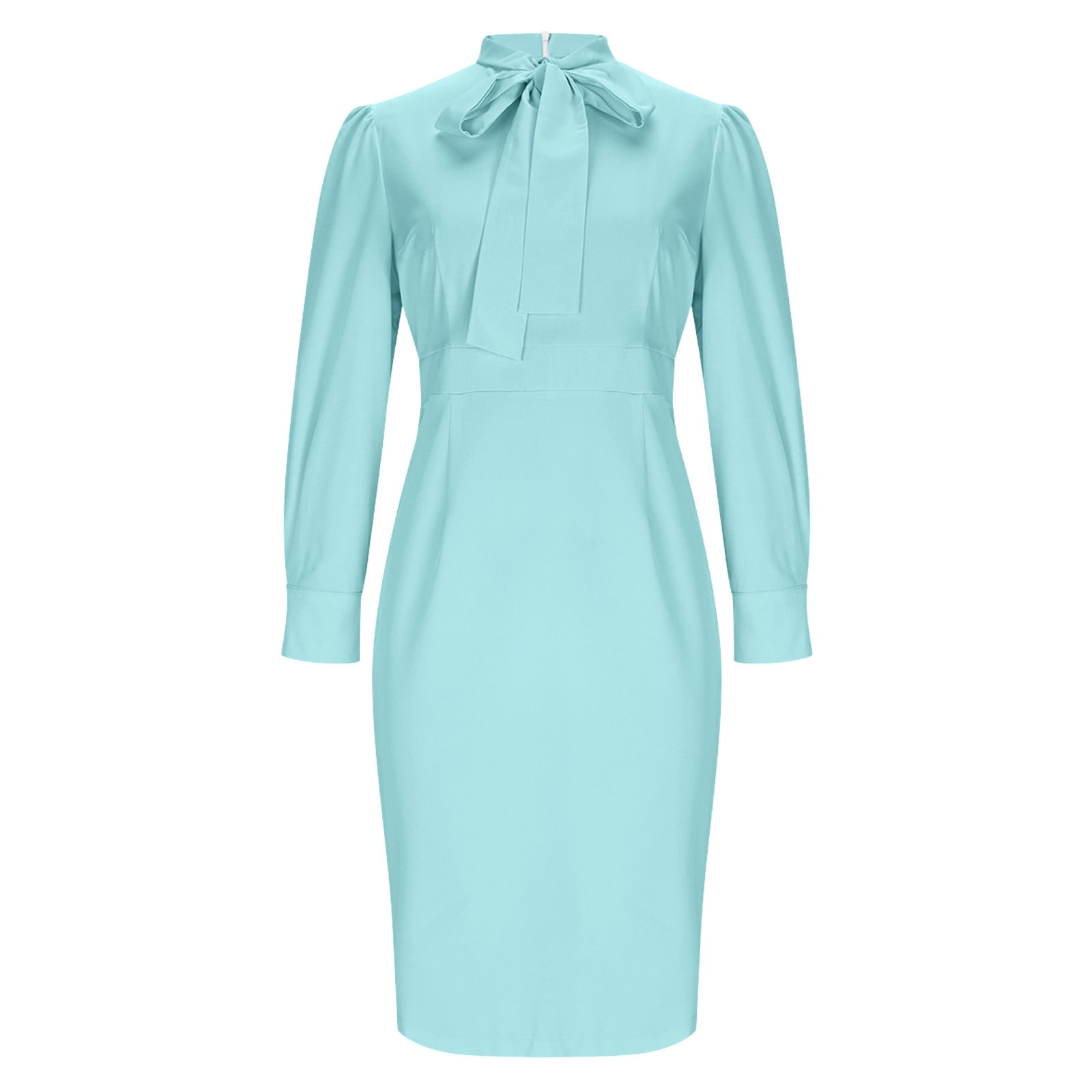 Hvot&aat Women's Elegant Business Dress Casual Knee Length Bodycon Pencil Dress Solid Long Sleeve Bows Waisted Dresses