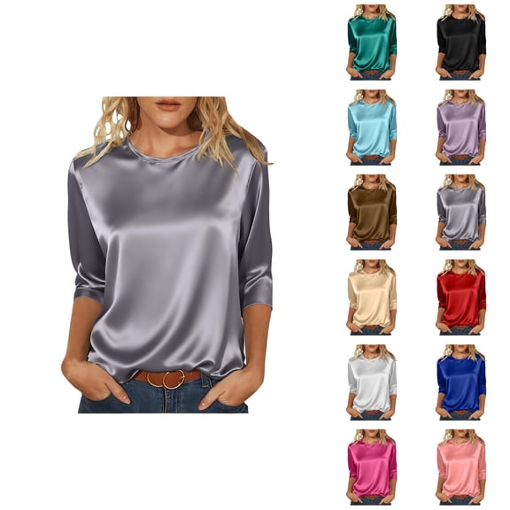 3/4 Length Sleeve Womens Tops 2026 Spring Summer Satin Crewneck Classic Fit Dressy Casual Office Work T Shirts