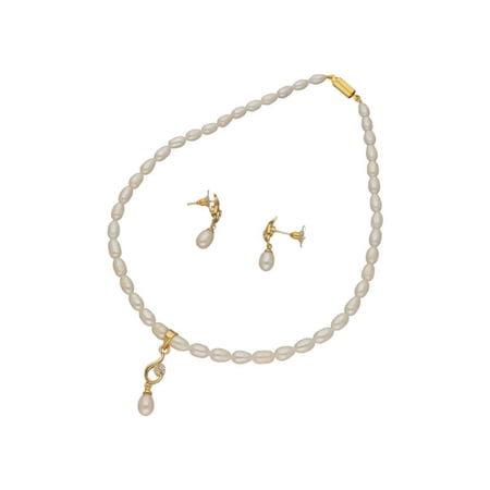 Freshwater 5mm Oval Pearl Gold Plated Drop Pendant Necklace Set For Women