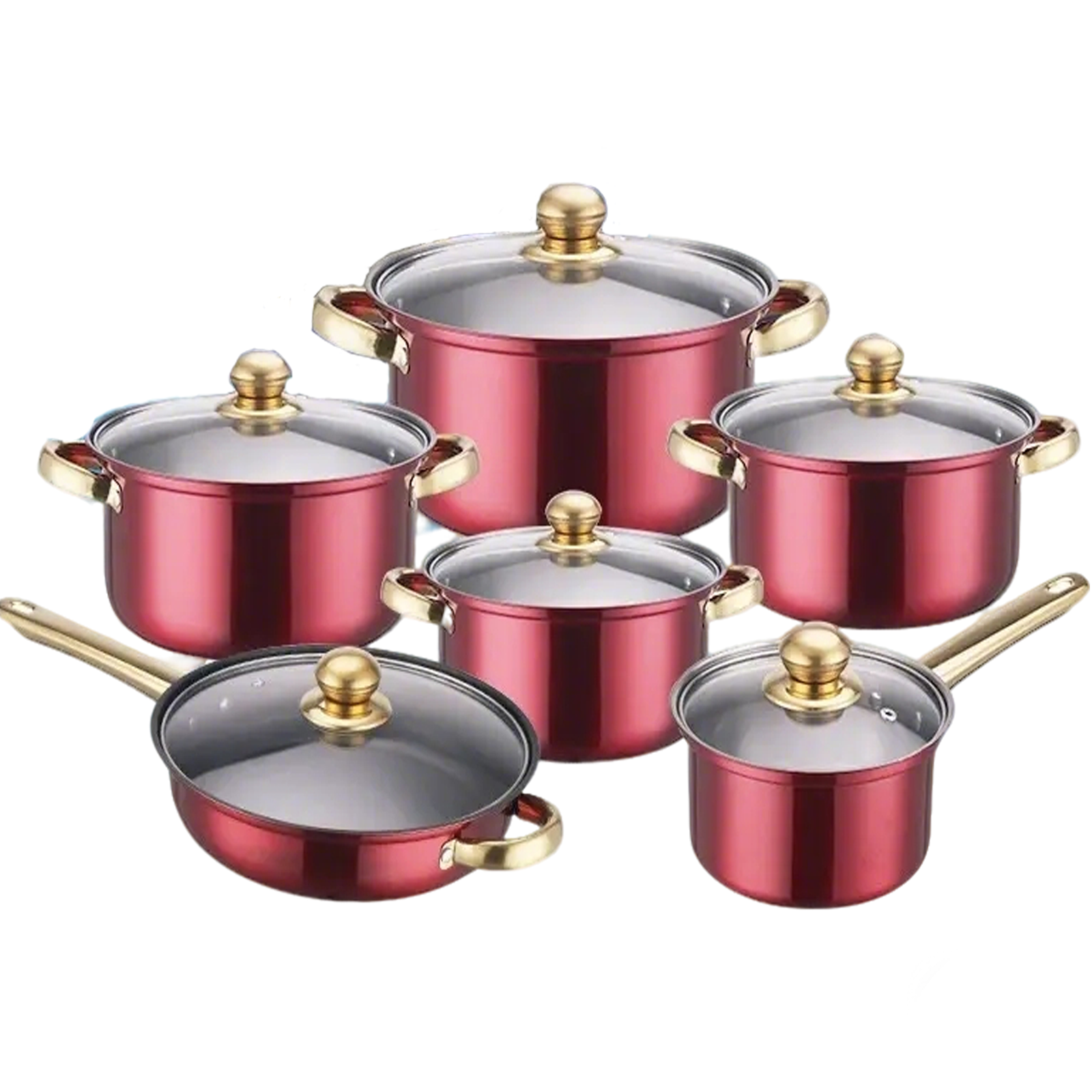 12 Piece Stainless Steel Cookware Set, Pots & Pans with Gold Handles, Nonstick Fryin, Red