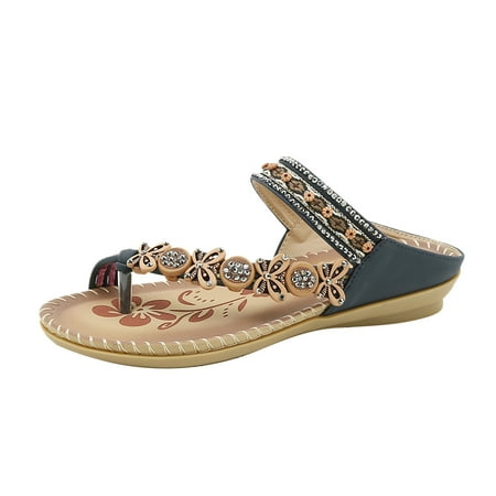 

YanHoo Bohemia Flat Sandals for Women Dressy Floral Rhinestone Clip Toe Ring Flip-flops Summer Casual Beach Slippers Shoes