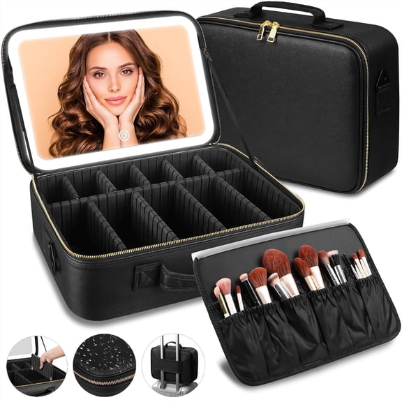15"x11"Professional Makeup Case,Large Travel Makeup bag with Mirror and Light, Leather Black Make up Bag with Mirror and Light,Led Makeup Case with Adjustable Dividers